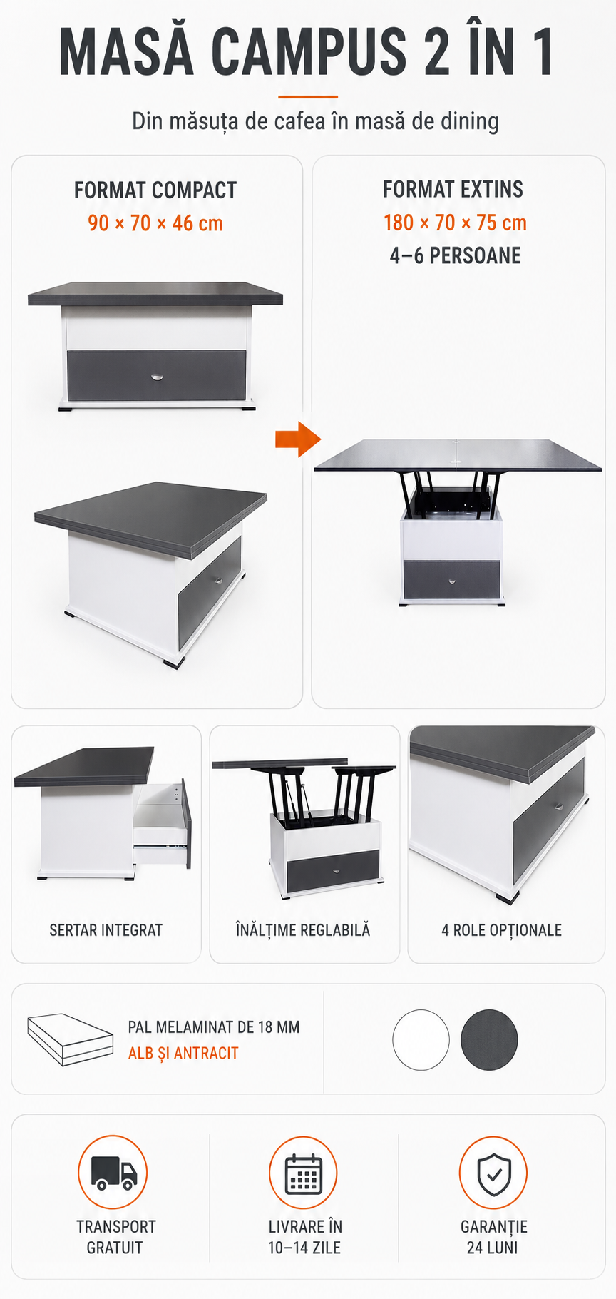 Masă de cafea Campus extensibilă 2 în 1, Alb și Antracit – 90/180 cm [6]