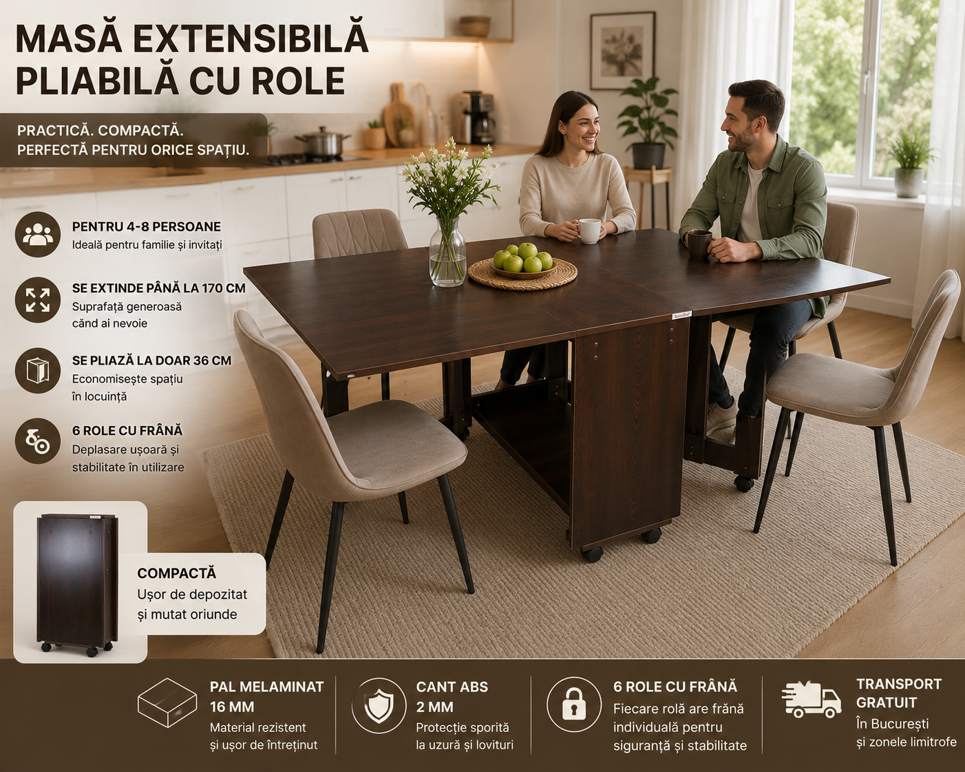 Masă Extensibilă Pliabilă cu Role pentru 4-8 Persoane – Wenge [5]
