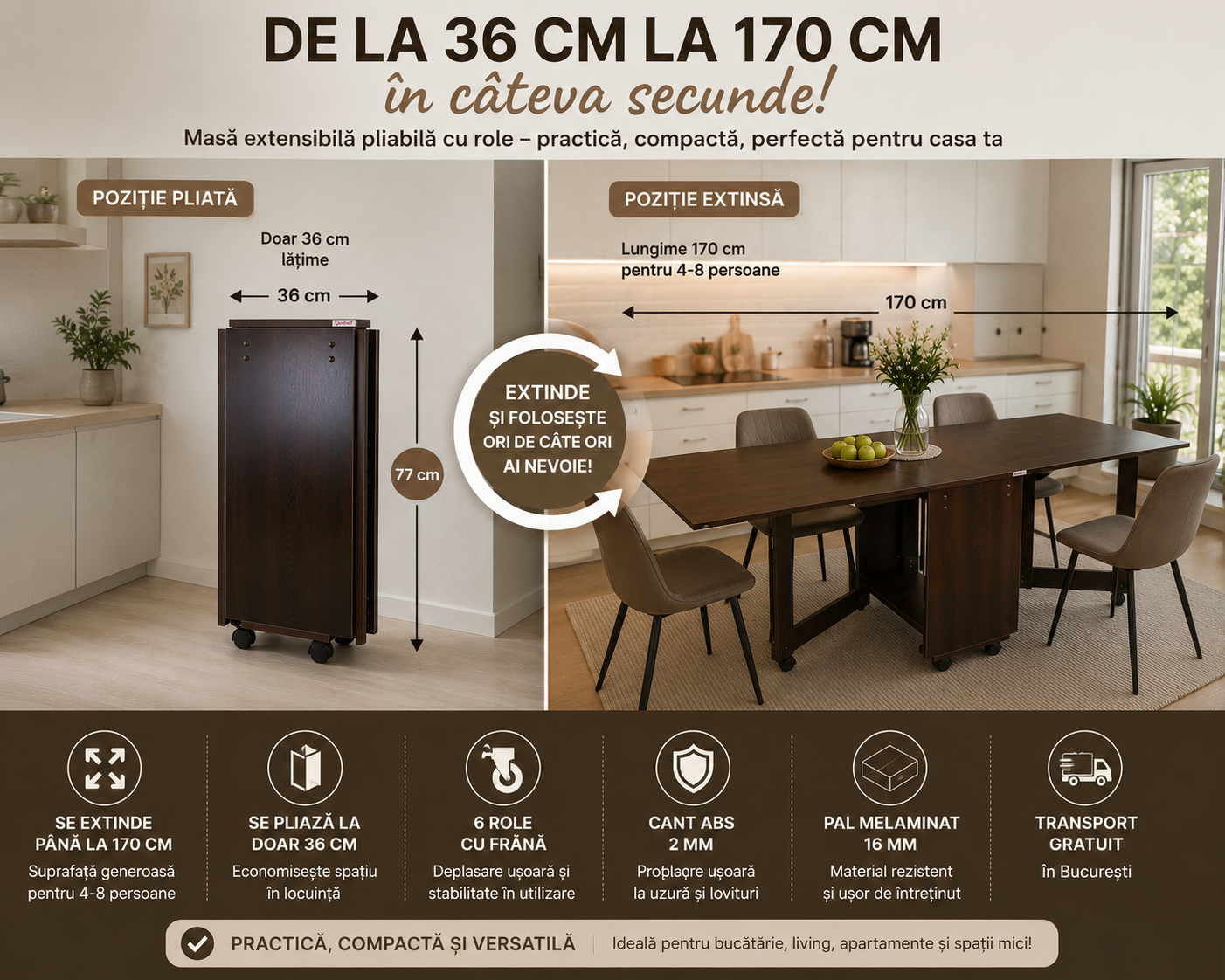 Masă Extensibilă Pliabilă cu Role pentru 4-8 Persoane – Wenge [6]