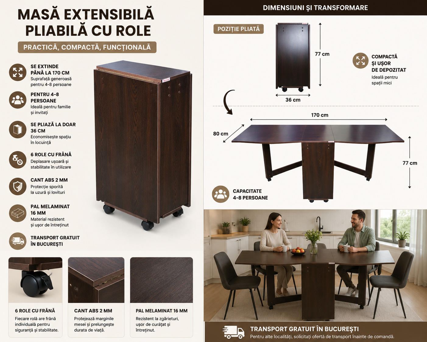 Masă Extensibilă Pliabilă cu Role pentru 4-8 Persoane – Wenge [4]