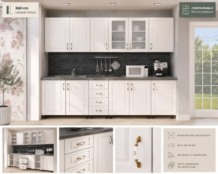 Bucătărie modulară albă 260 cm cu fronturi MDF și blat gri [2]