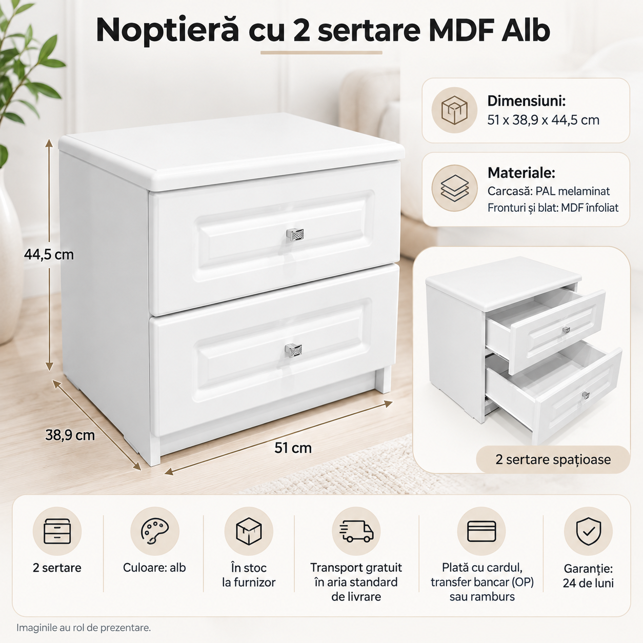Noptieră albă cu 2 sertare, fronturi și blat MDF înfoliat – Mobila Ghencea [3]