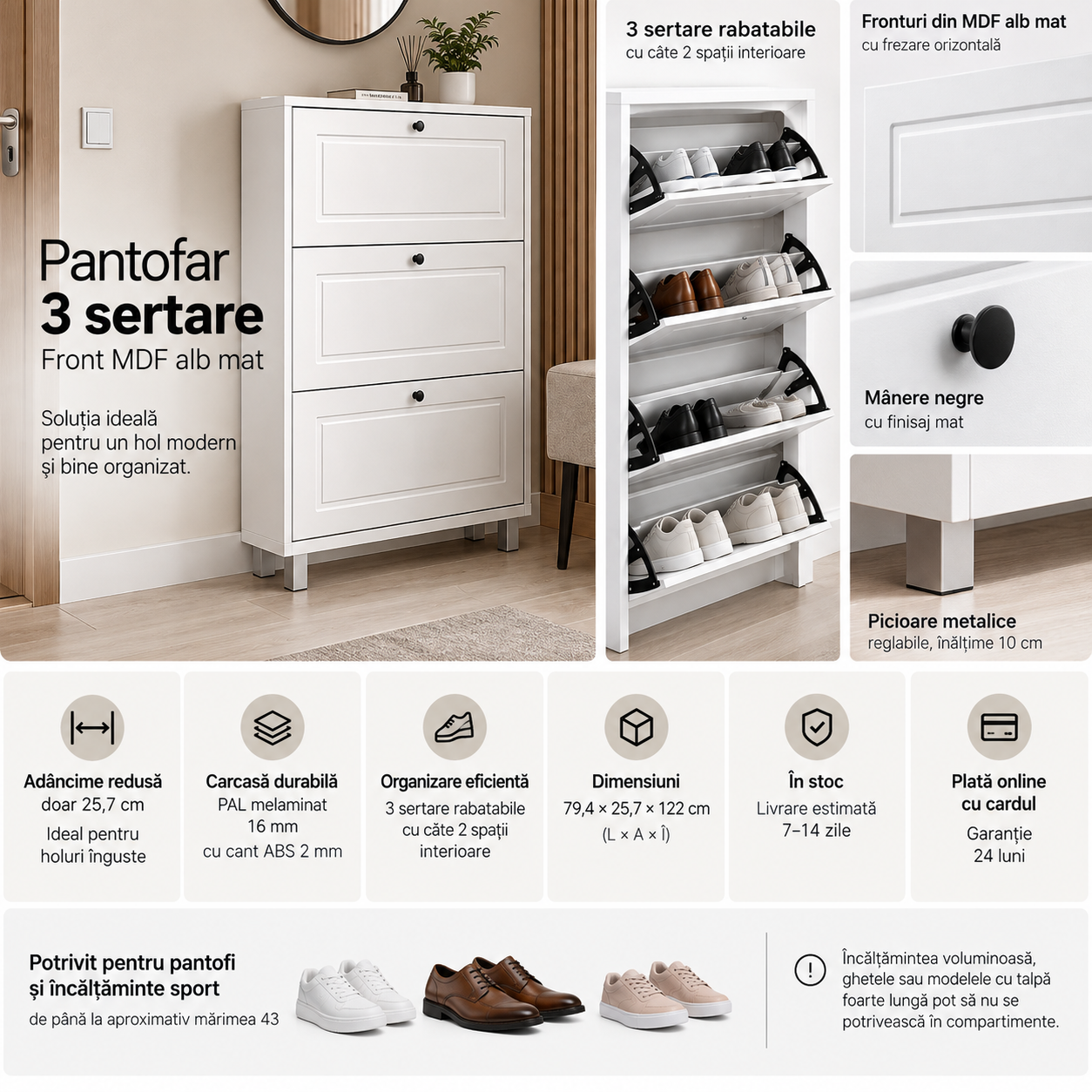 Pantofar cu 3 sertare și front MDF alb mat [2]
