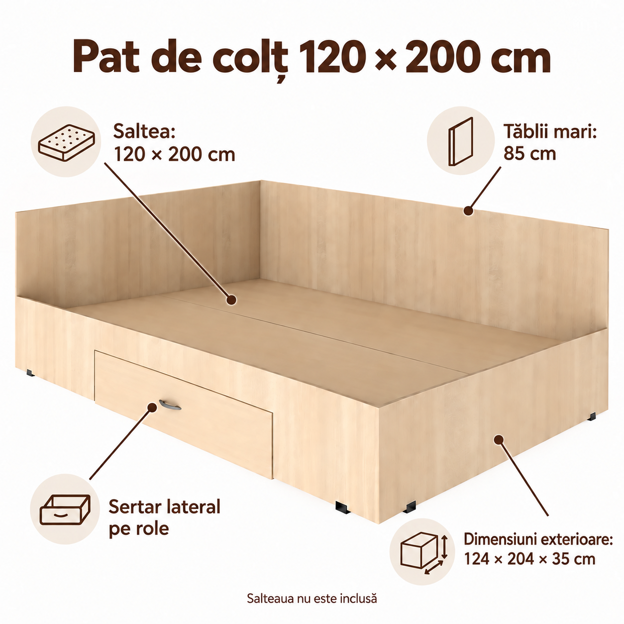 Pat de colț cu peretar și sertar 120x200 cm – Stejar Sonoma [2]