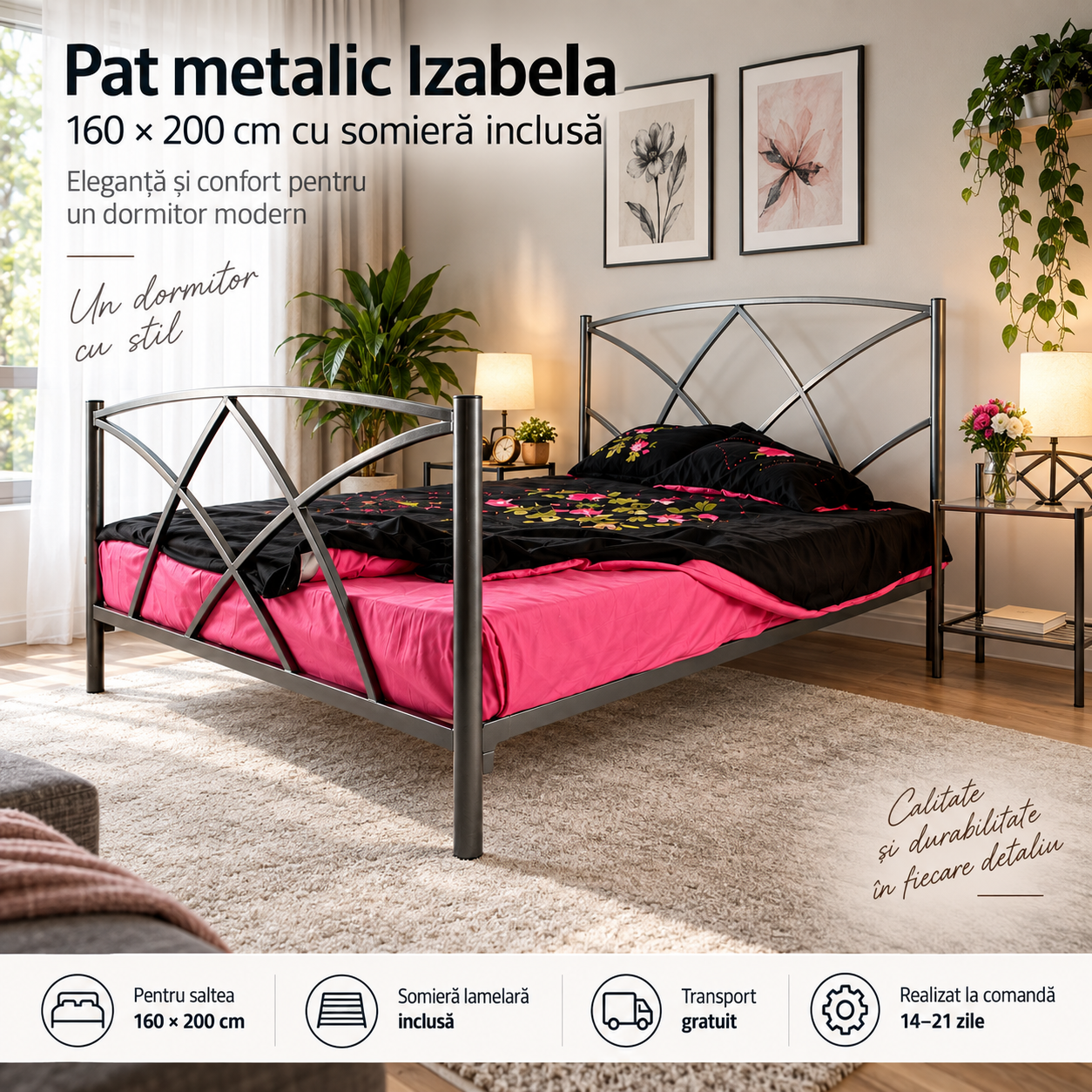 Pat metalic Izabela 160 × 200 cm cu somieră inclusă [3]
