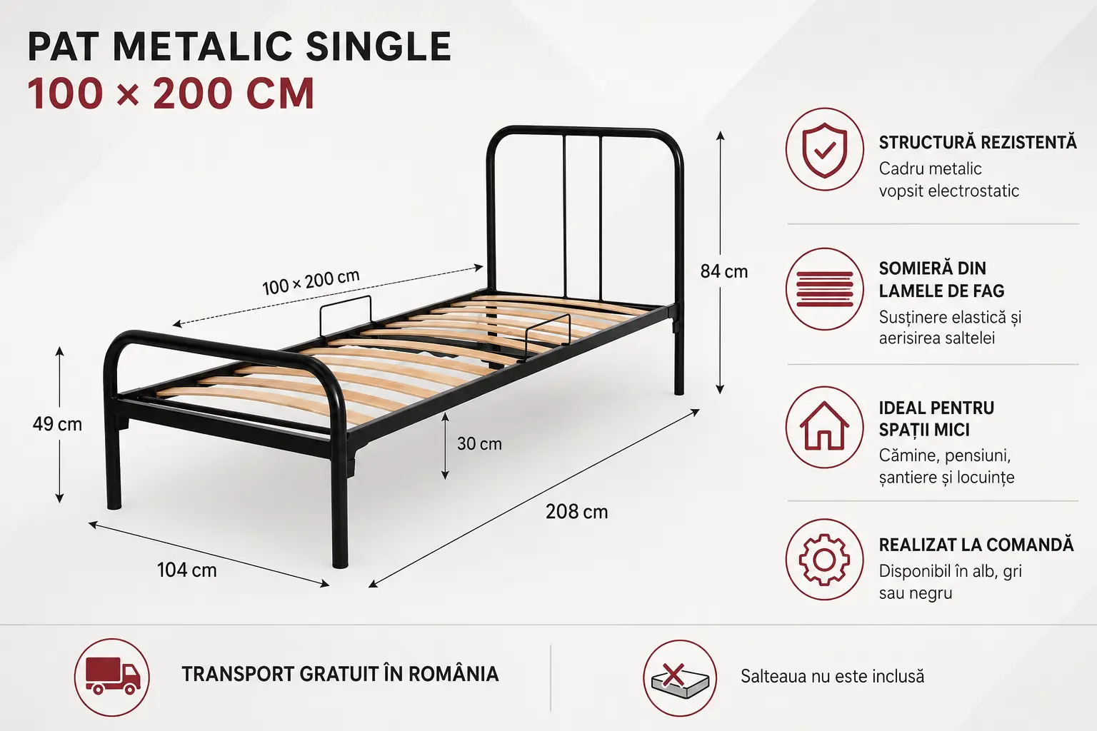 Pat metalic single 100x200 cm cu somieră din lamele de fag – alb, gri sau negru [3]