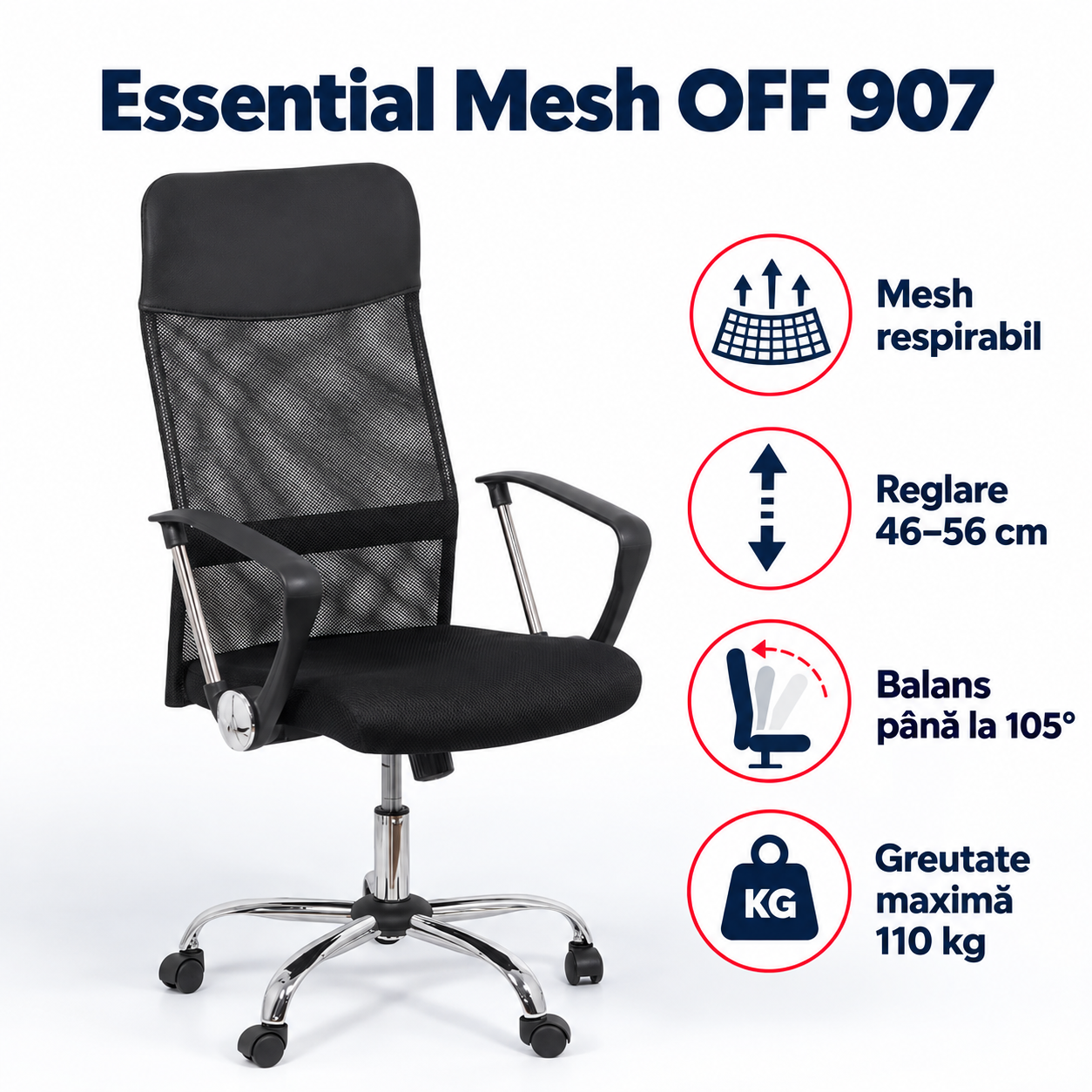 Scaun ergonomic de birou Essential Mesh OFF 907, negru [4]