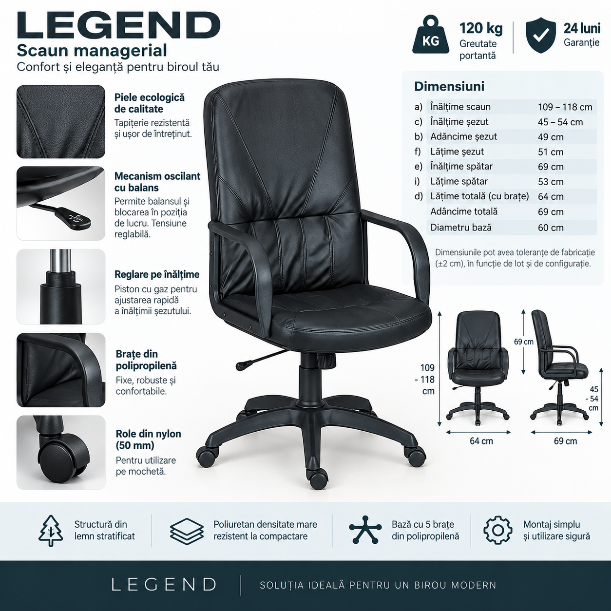 Scaun managerial Legend din piele ecologică neagră [2]