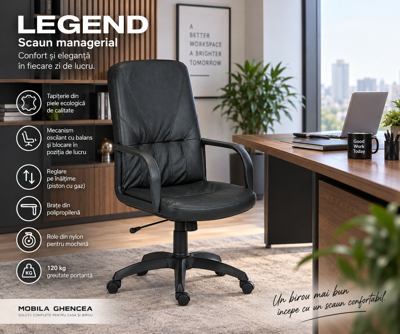 Scaun managerial Legend din piele ecologică neagră [3]