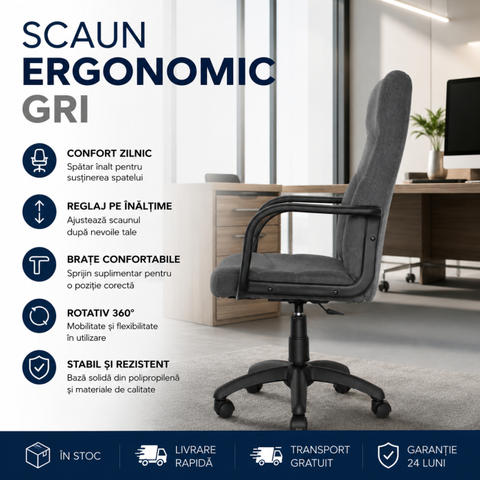 Scaun Ergonomic de Birou Gri cu Brațe și Reglaj pe Înălțime [2]
