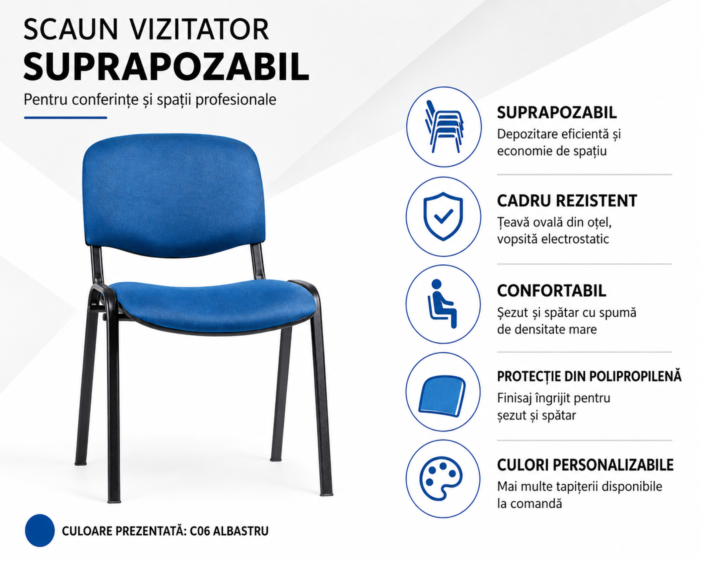 caun vizitator suprapozabil albastru cu cadru metalic negru pentru conferințe și evenimente [2]