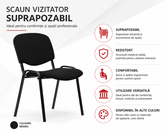 Scaun Vizitator Suprapozabil Negru pentru Conferințe și Săli de Ședințe [2]