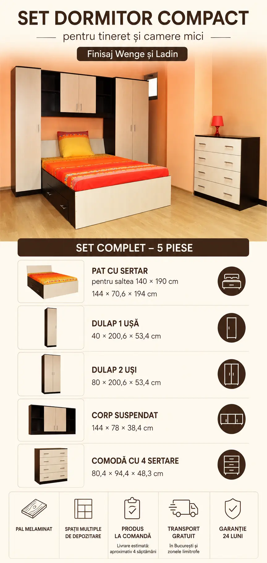 Set dormitor compact cu pat 140x190, dulapuri și comodă – Wenge și Ladin [3]