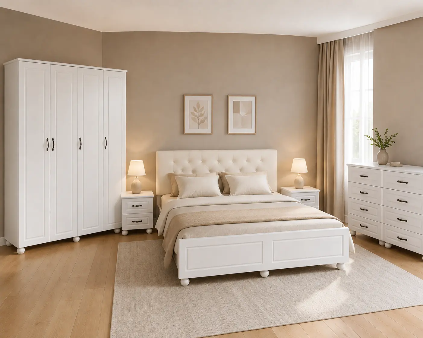 Set dormitor premium alb cu dulap 4 uși, pat 160x200, comodă și 2 noptiere [2]