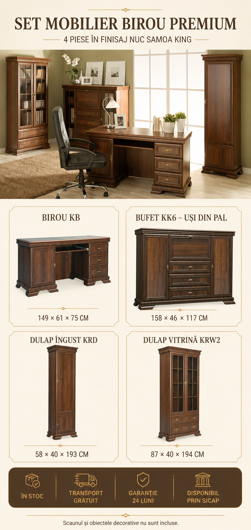 Set mobilier birou complet Nuc Samoa King cu birou, bufet și 2 dulapuri [2]