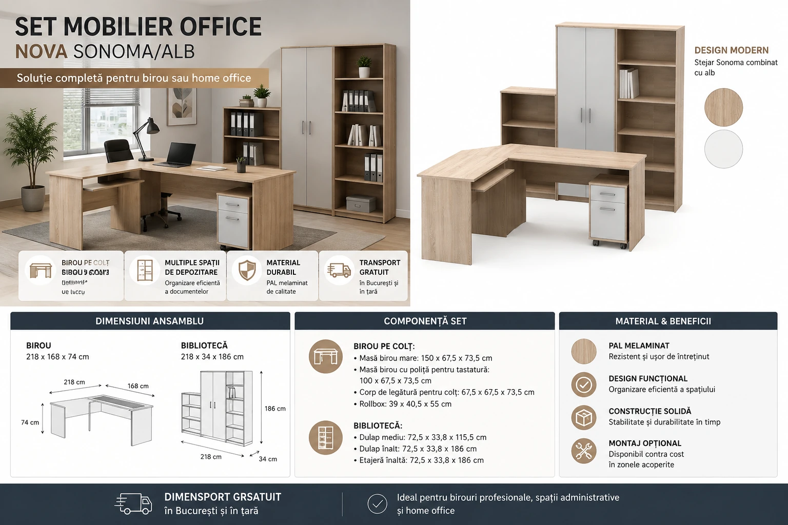 Set mobilier office Nova Sonoma/Alb – birou pe colț și bibliotecă [2]