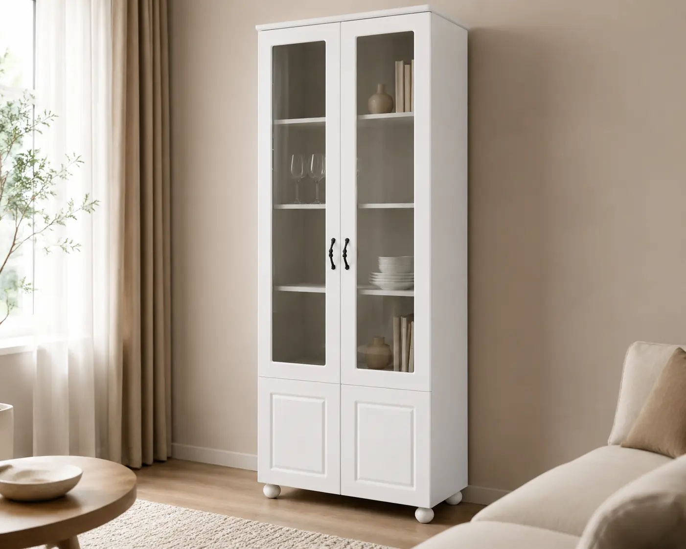Vitrină living albă cu 2 uși din MDF și sticlă fumurie [4]