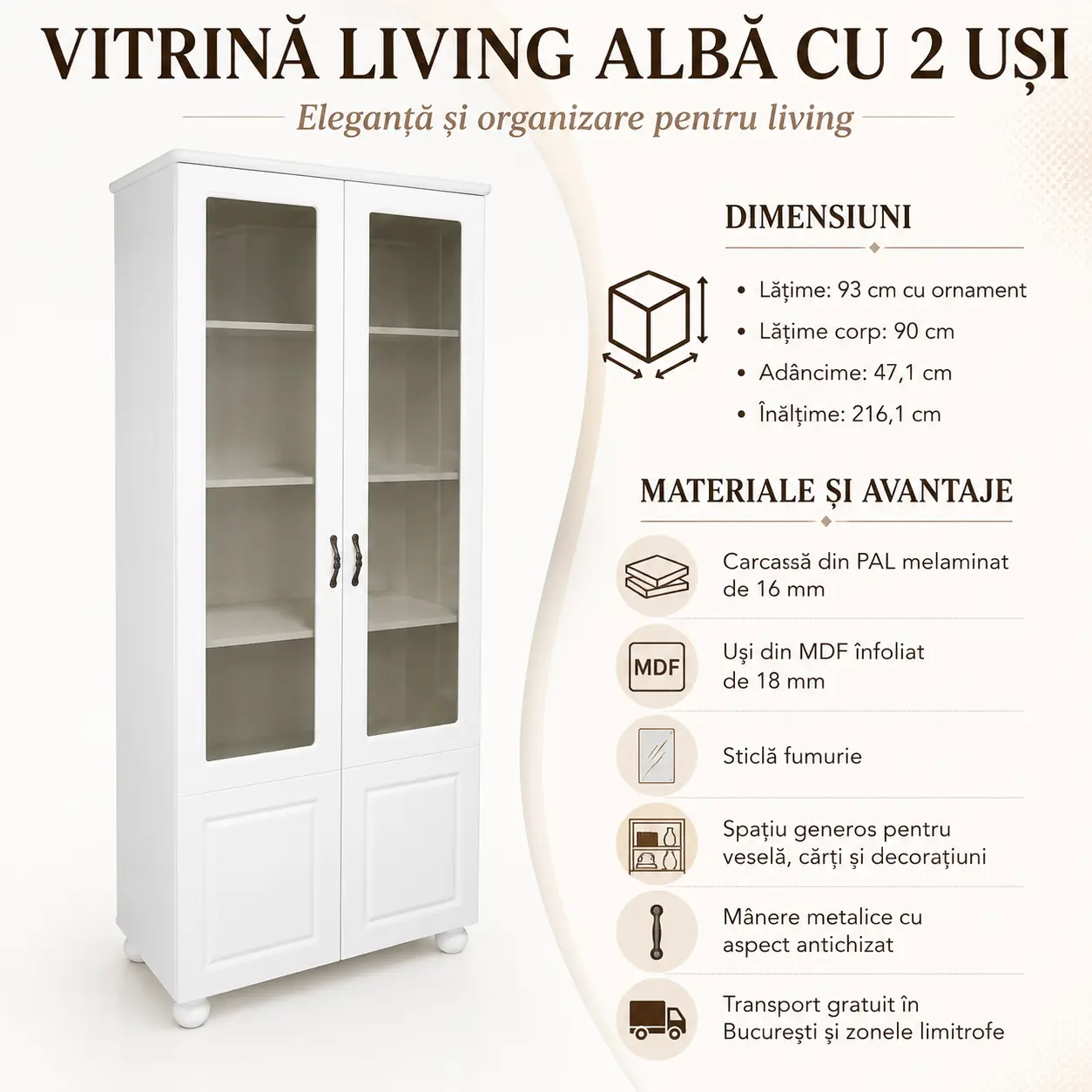 Vitrină living albă cu 2 uși din MDF și sticlă fumurie [3]