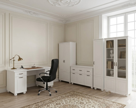 Seturi Mobilier Office - set mobilier birou dinasty alb cu biblioteca si dulapuri mdf infoliat