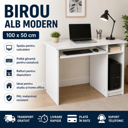 Birouri calculator - Birou Alb Modern 100 cm pentru Calculator și Home Office