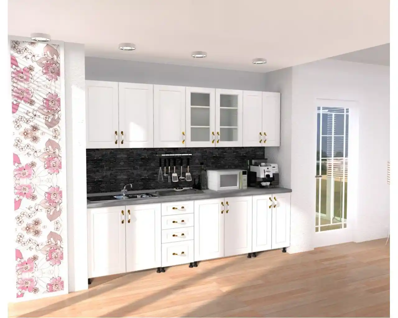 Bucătărie Zebra 260 cm – Fronturi MDF Alb cu Blat Gri