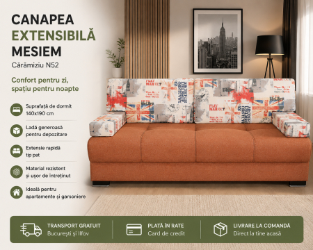 Canapele - Canapea extensibila Mesiem 3 locuri cu lada depozitare stofă caramiziu N52