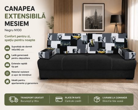 Canapele - Canapea extensibilă Mesiem Negru N100 cu ladă de depozitare și pat 140x190 cm