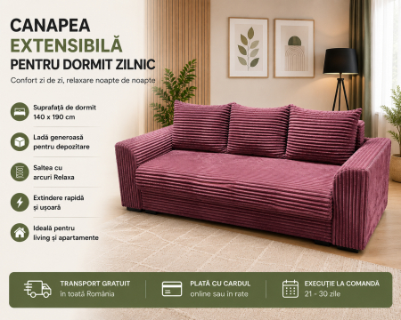 Canapele - Canapea extensibilă roz cu ladă de depozitare și funcție de pat