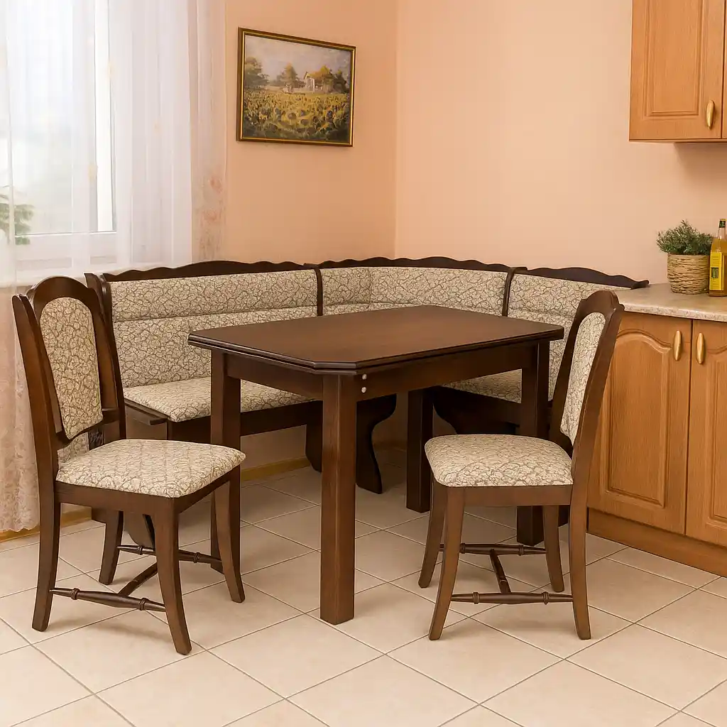 coltar de bucatarie din lemn si mdf furniruit cu bancheta, scaune si masa [1]