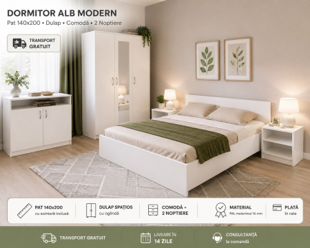Seturi dormitoare - Dormitor alb modern cu pat 140x200 și dulap cu oglindă