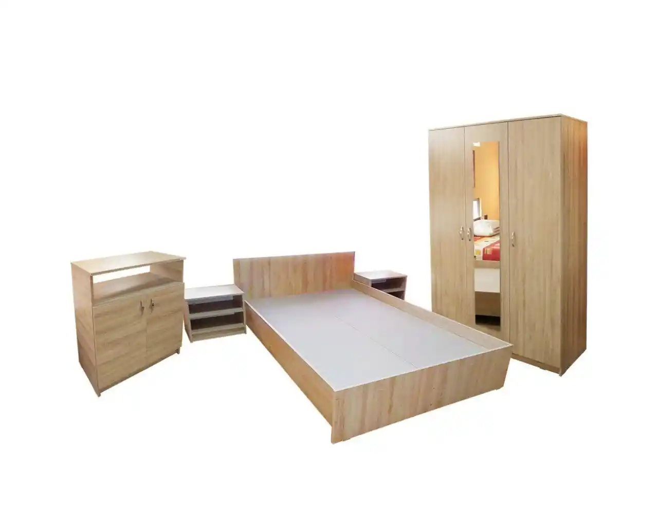 Promoții - Dormitor Soft Sonoma cu dulap oglindă, pat, comodă și noptiere