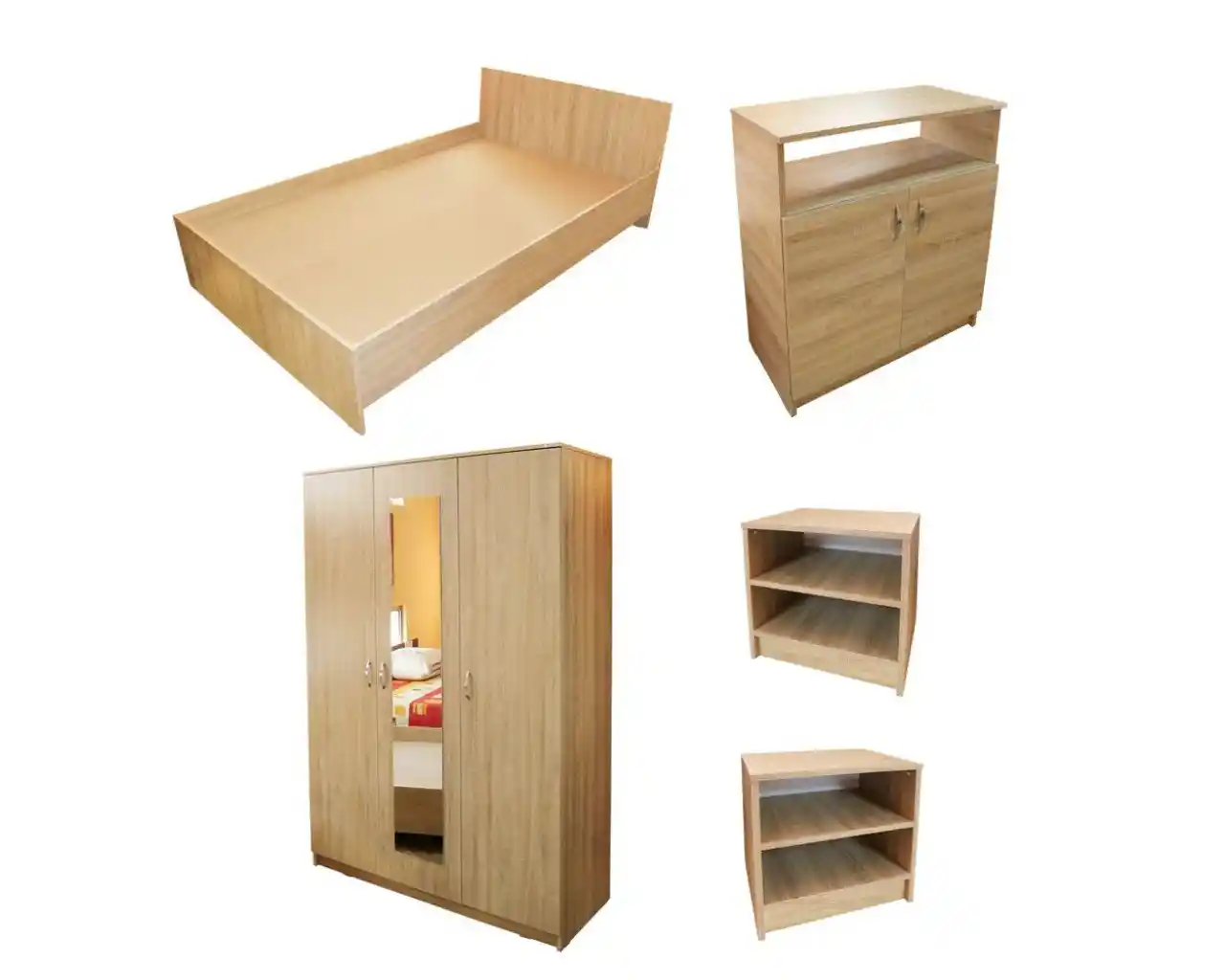 Dormitor Soft Sonoma cu dulap oglindă, pat, comodă și noptiere [1]