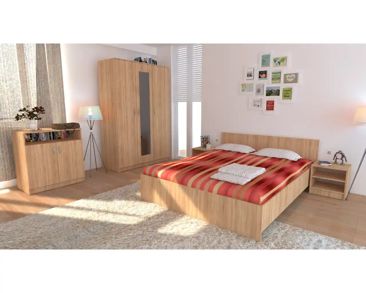 Dormitor Soft Sonoma cu dulap oglindă, pat, comodă și noptiere [2]