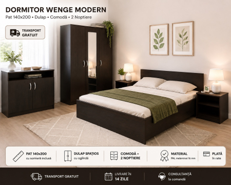 Seturi dormitoare - Dormitor Wenge Modern cu Pat 140x200 și Dulap cu Oglindă