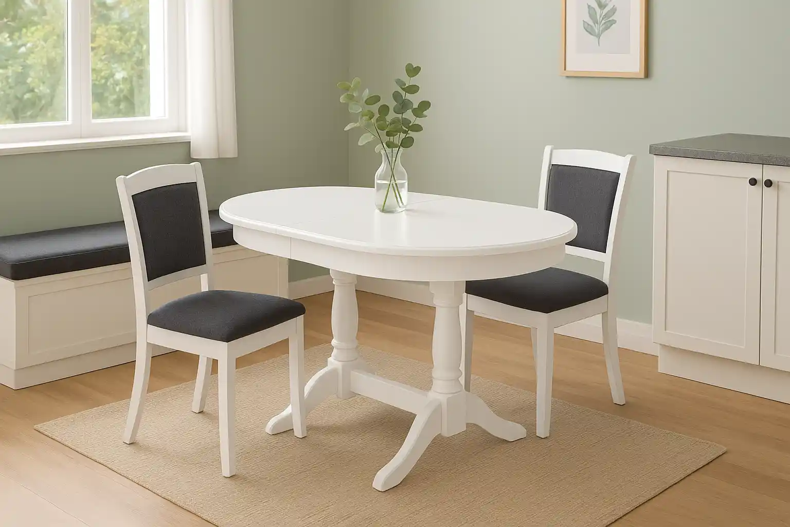 Mese bucatarie - masa living extensibila ovala alba, cadru lemn blat mdf vopsit