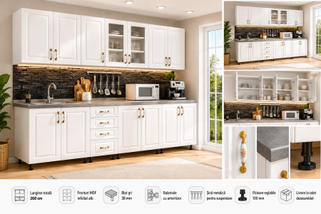 Bucătărie modulară albă 260 cm cu fronturi MDF și blat gri