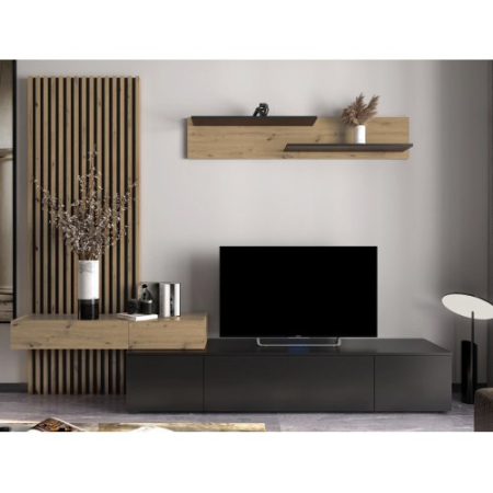 Biblioteci - Mobilier Living Rebeka Plus Negru Stejar Artisan – Set Living Modern cu Panou Lamelar