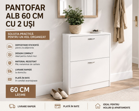 Pantofare - Pantofar alb compact cu 2 uși – ideal pentru holuri mici