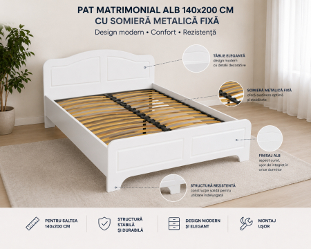 pat matrimonial din mdf infoliat alb mat Sara pentru saltea de 140 x 200 cm