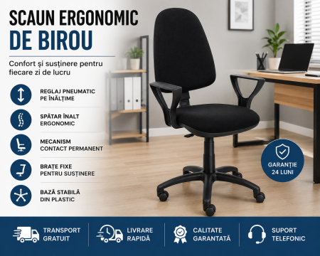 Scaun Ergonomic de Birou cu Brațe, Spătar Înalt și Reglaj pe Înălțime