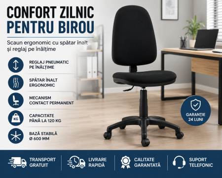 Scaun Ergonomic de Birou Negru cu Spătar Înalt și Reglaj pe Înălțime
