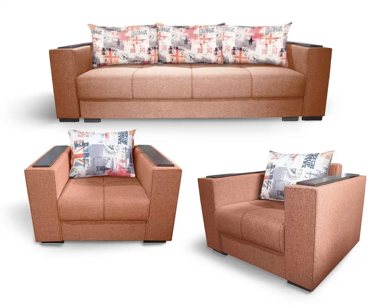 Seturi Living - set living canapea extensibila cu lada si 2 fotolii fixe culoare caramiziu
