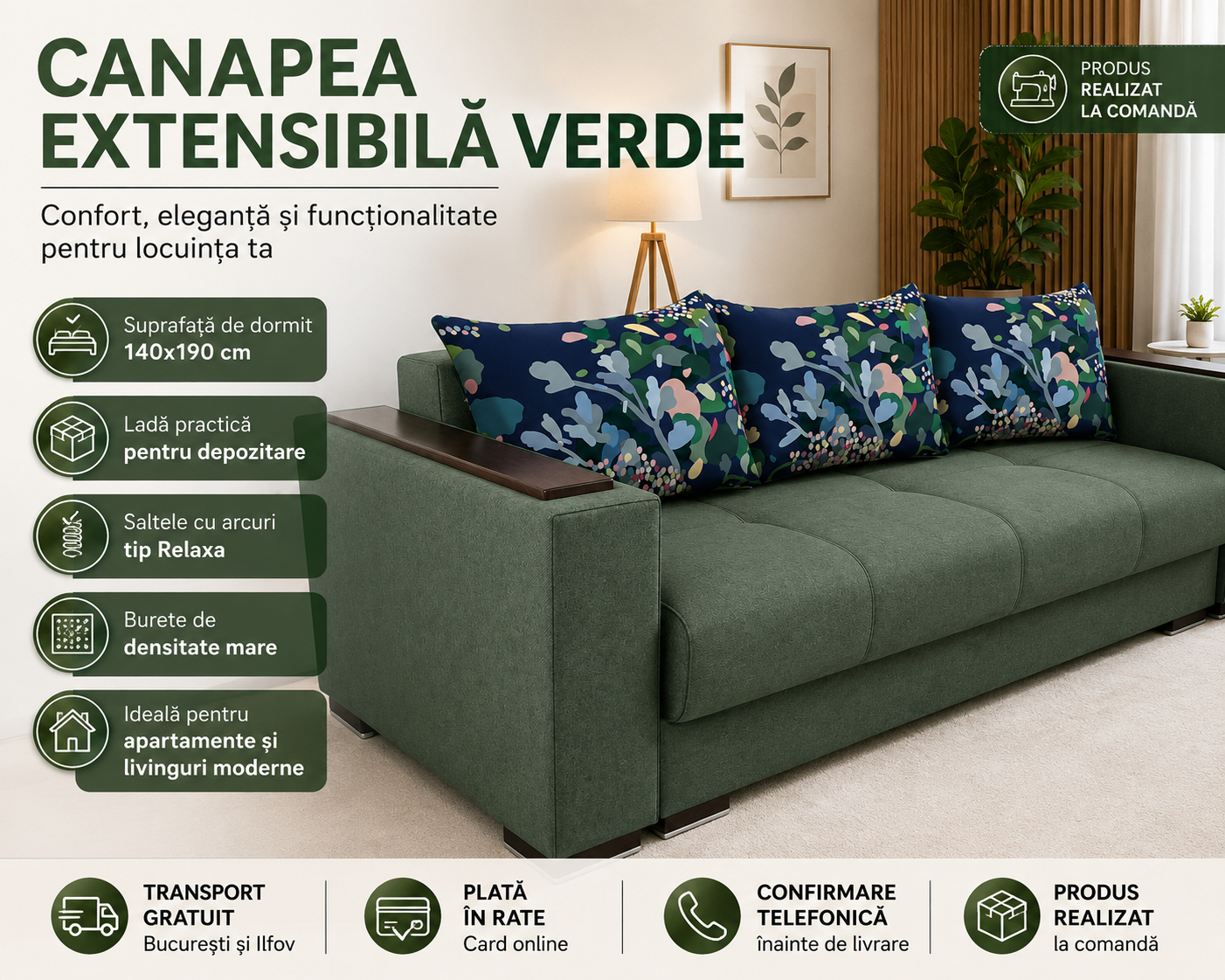 Canapea Extensibila Verde pentru Living cu Lada de Depozitare si Pat 140x190 cm