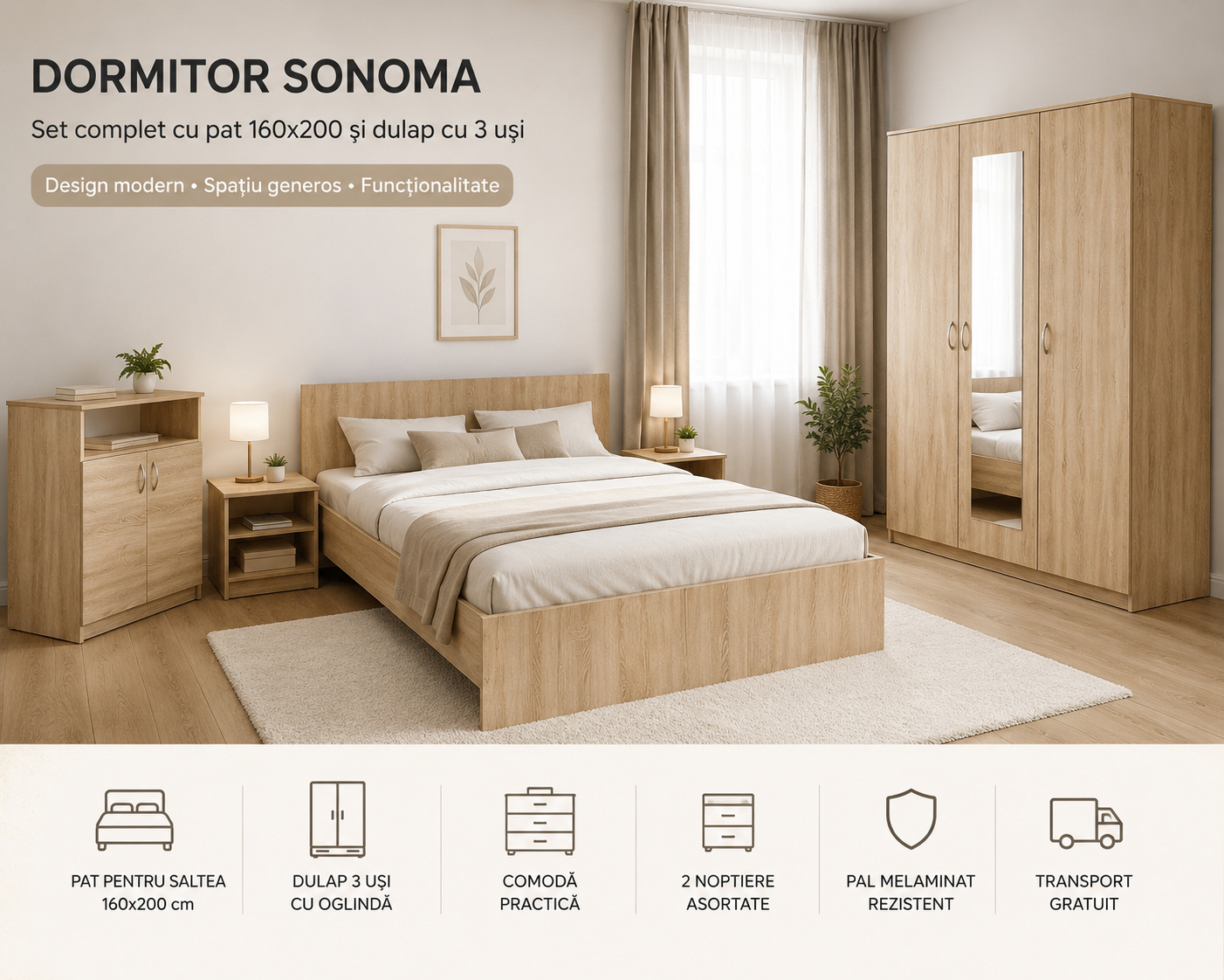 Dormitor Sonoma pentru Dormitoare Moderne - Set Complet 160x200