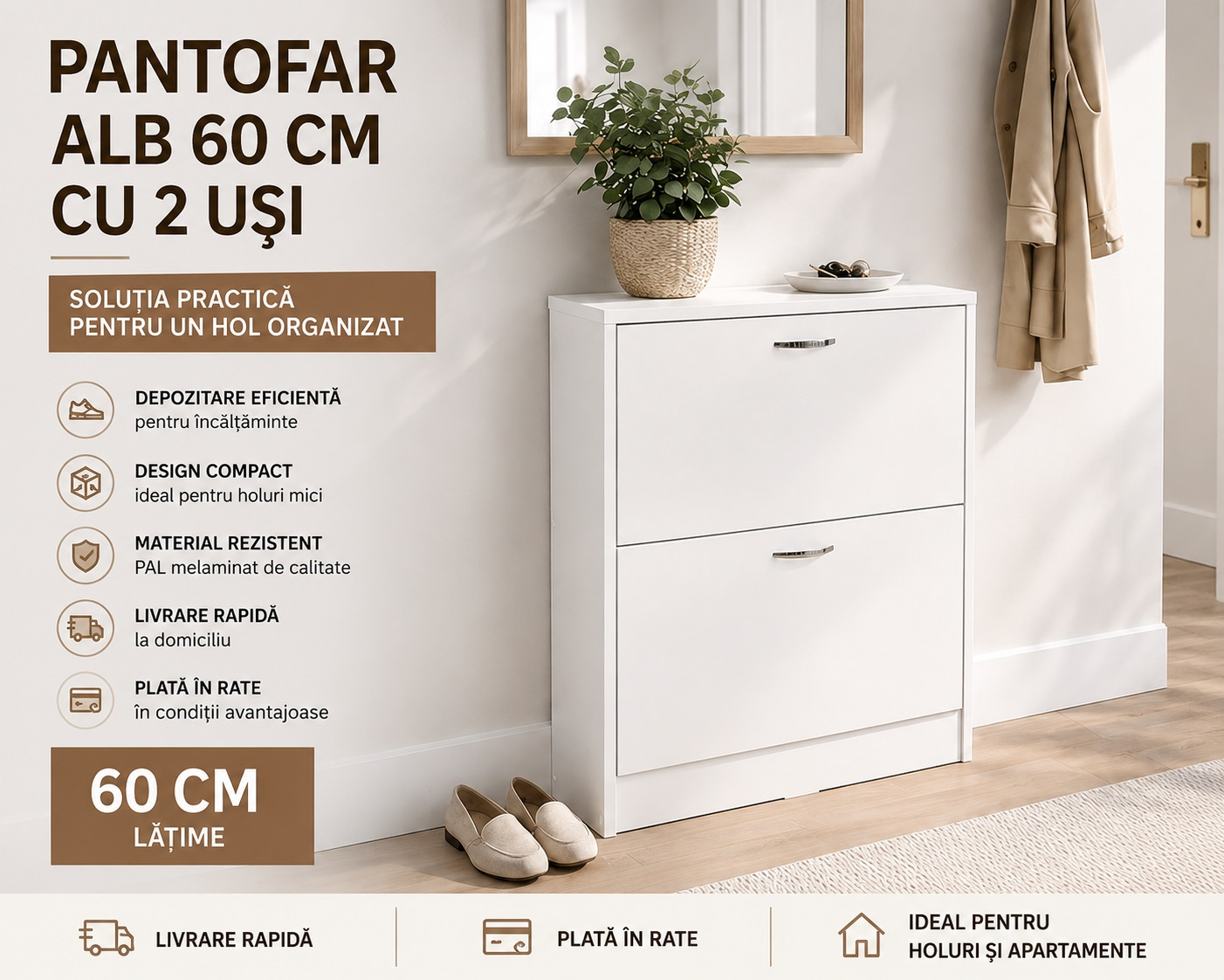 Pantofar alb 60 cm cu 2 usi - mobilier compact pentru hol