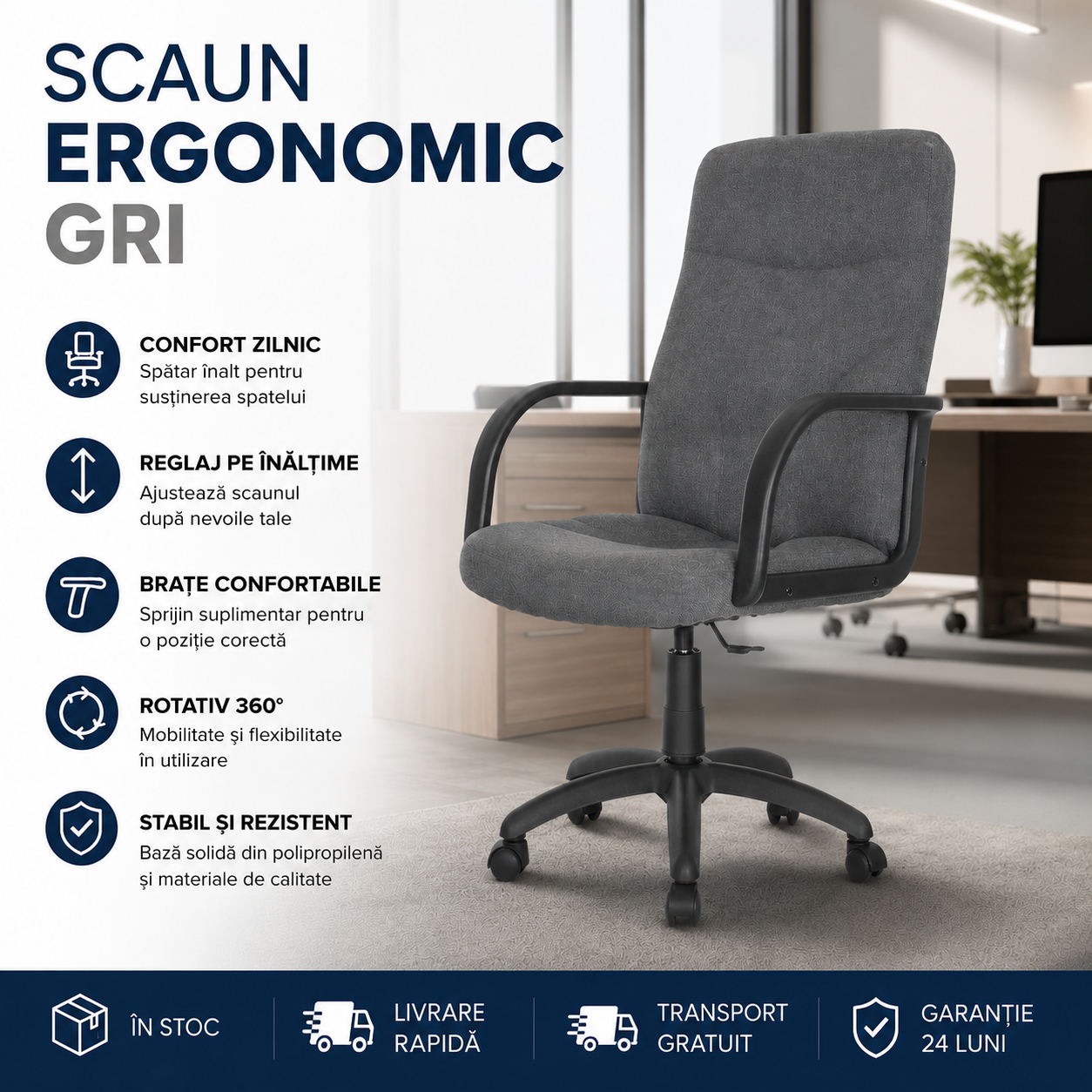 Scaun Office Ergonomic Gri pentru Birou si Home Office
