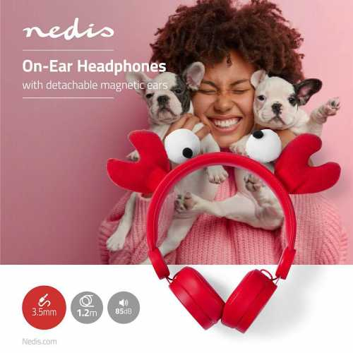 Casti cu fir 1.2m, On-Ear, urechi magnetice detasabile, Chrissy Crab, rosu, Nedis [2]