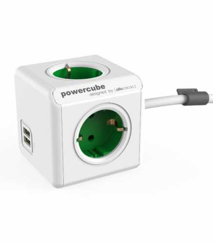 Prelungitor in forma de cub 4 prize, 2 USB, lungime cablu 1.5m alb/verde, Allocacoc [1]