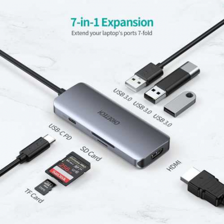 HUB USB-C - 1x HDMI, 3x USB 3.0, SD, PD 100W, Choetech M19, gri [2]