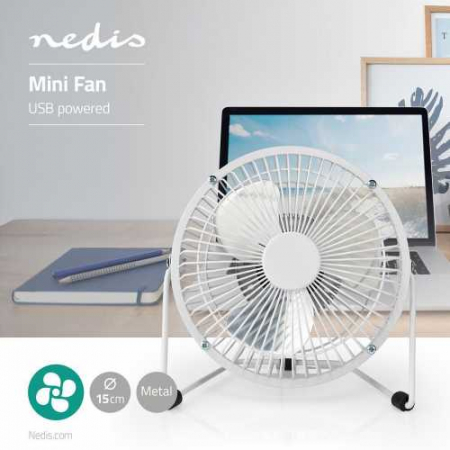Mini ventilator Nedis, diametru 15 cm, alimentare USB, alb/metal [1]